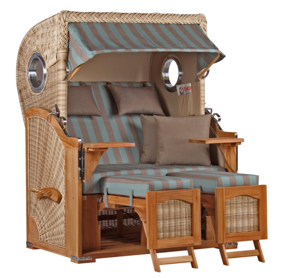 MR.DEKO Strandkorb Düne Bullauge Teak PE Shell Dessin 520, BxTxH: 125x80x170 cm, Ostsee-Strandkorb, Bullaugen, 2-Sitzer, komplett montiert, Volllieger, 2 Schwenktische MR.DEKO Strandkorb Düne Bullauge Teak PE Shell Dessin 520, BxTxH: 125x80x170 cm, Ostsee-Strandkorb, Bullaugen, 2-Sitzer, komplett montiert, Volllieger, 2 Schwenktische von MR.DEKO
