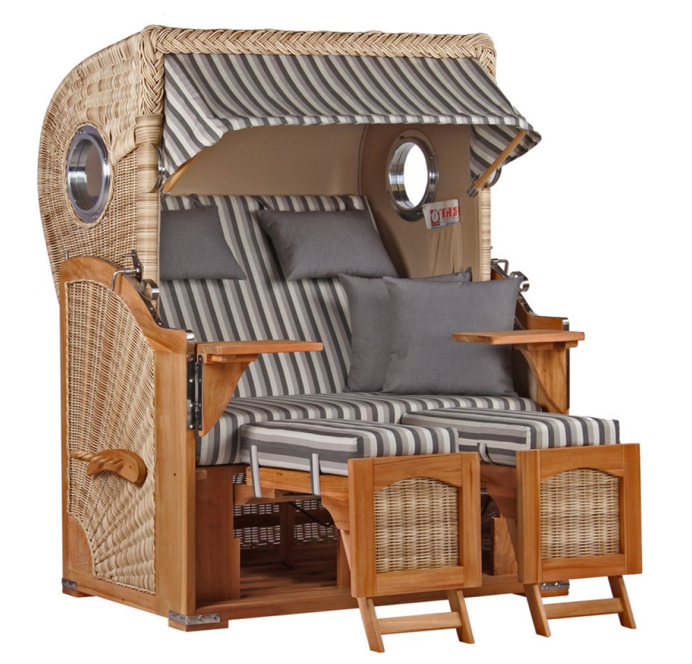 MR.DEKO Strandkorb Düne Bullauge Teak PE Shell Dessin 545, BxTxH: 125x80x170 cm, Ostsee-Strandkorb, Bullaugen, 2-Sitzer, komplett montiert, Volllieger, 2 Schwenktische MR.DEKO Strandkorb Düne Bullauge Teak PE Shell Dessin 545, BxTxH: 125x80x170 cm, Ostsee-Strandkorb, Bullaugen, 2-Sitzer, komplett montiert, Volllieger, 2 Schwenktische von MR.DEKO