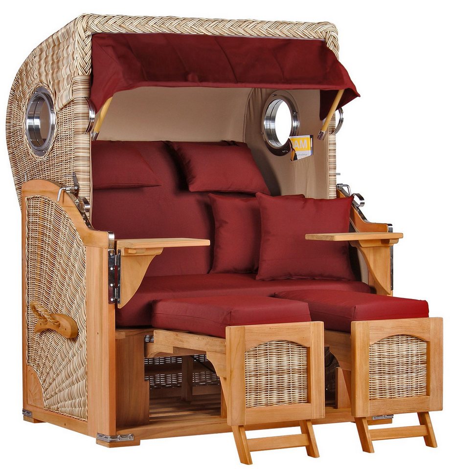 MR.DEKO Strandkorb Düne Bullauge Teak PE Shell Dessin 550, BxTxH: 125x80x170 cm, Ostsee-Strandkorb, Bullaugen, 2-Sitzer, komplett montiert, Volllieger, 2 Schwenktische MR.DEKO Strandkorb Düne Bullauge Teak PE Shell Dessin 550, BxTxH: 125x80x170 cm, Ostsee-Strandkorb, Bullaugen, 2-Sitzer, komplett montiert, Volllieger, 2 Schwenktische von MR.DEKO