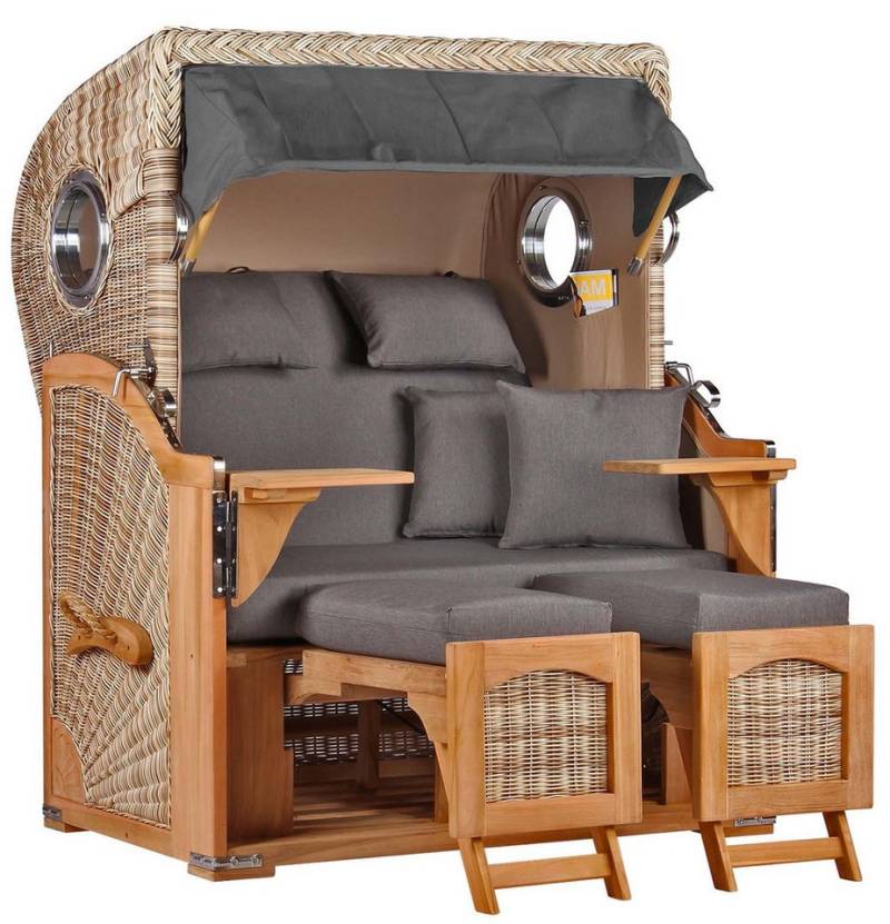 MR.DEKO Strandkorb Düne Bullauge Teak PE Shell Dessin 551 von MR.DEKO