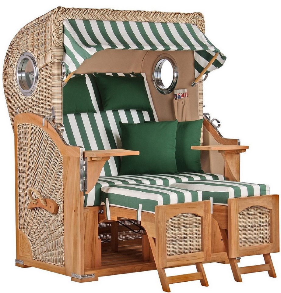 MR.DEKO Strandkorb Düne Bullauge Teak PE Shell Dessin 561, BxTxH: 125x80x170 cm, Ostsee-Strandkorb, Bullaugen, 2-Sitzer, komplett montiert, Volllieger, 2 Schwenktische MR.DEKO Strandkorb Düne Bullauge Teak PE Shell Dessin 561, BxTxH: 125x80x170 cm, Ostsee-Strandkorb, Bullaugen, 2-Sitzer, komplett montiert, Volllieger, 2 Schwenktische von MR.DEKO