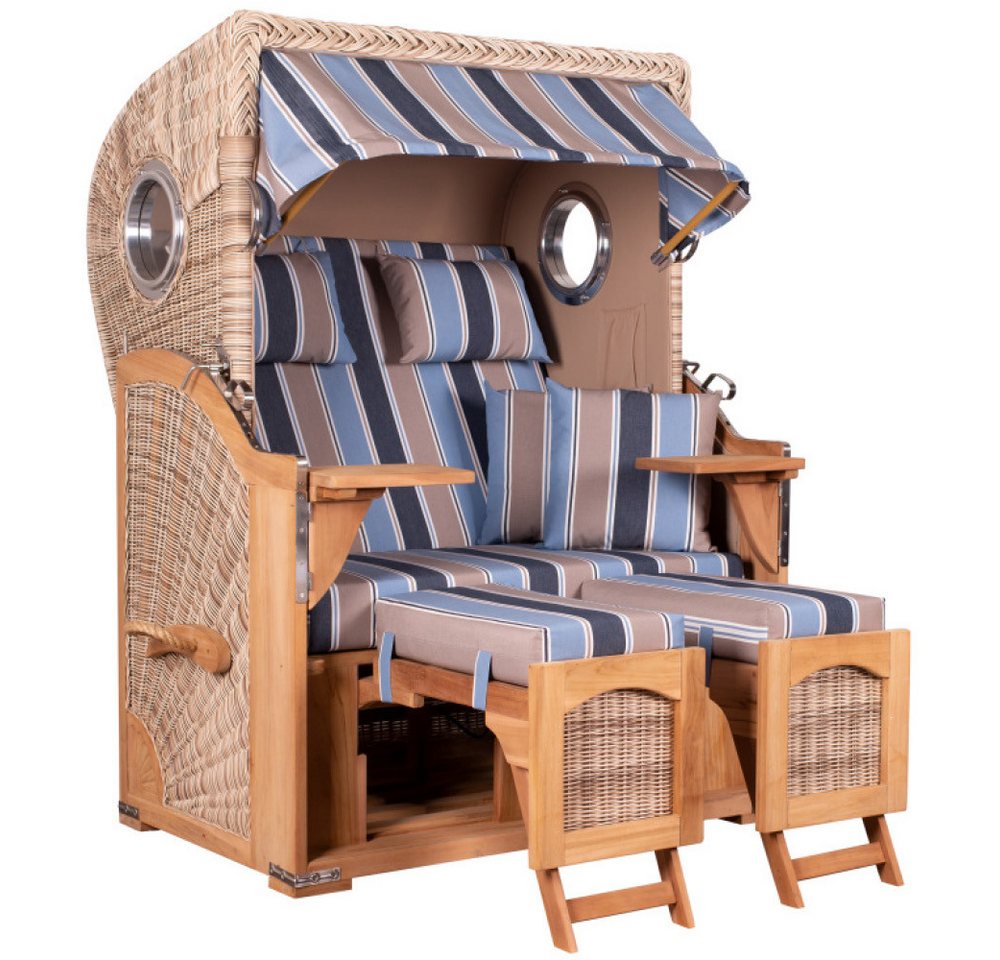 MR.DEKO Strandkorb Düne Bullauge Teak PE Shell Dessin 580, BxTxH: 125x80x170 cm, Ostsee-Strandkorb, Bullaugen, 2-Sitzer, komplett montiert, Volllieger, 2 Schwenktische MR.DEKO Strandkorb Düne Bullauge Teak PE Shell Dessin 580, BxTxH: 125x80x170 cm, Ostsee-Strandkorb, Bullaugen, 2-Sitzer, komplett montiert, Volllieger, 2 Schwenktische von MR.DEKO