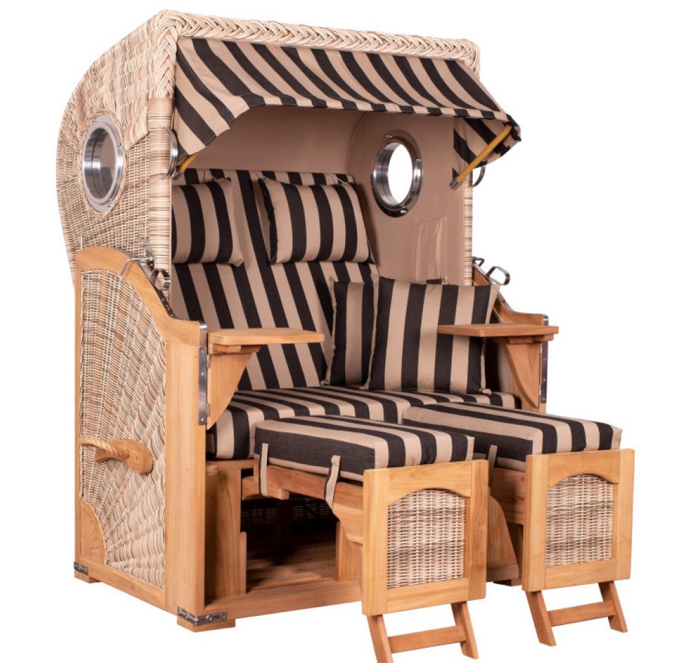 MR.DEKO Strandkorb Düne Bullauge Teak PE Shell Dessin 581, BxTxH: 125x80x170 cm, Ostsee-Strandkorb, Bullaugen, 2-Sitzer, komplett montiert, Volllieger, 2 Schwenktische MR.DEKO Strandkorb Düne Bullauge Teak PE Shell Dessin 581, BxTxH: 125x80x170 cm, Ostsee-Strandkorb, Bullaugen, 2-Sitzer, komplett montiert, Volllieger, 2 Schwenktische von MR.DEKO