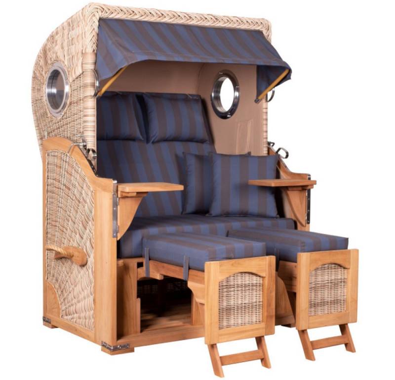 MR.DEKO Strandkorb Düne Bullauge Teak PE Shell Dessin 582, BxTxH: 125x80x170 cm, Ostsee-Strandkorb, Bullaugen, 2-Sitzer, komplett montiert, Volllieger, 2 Schwenktische von MR.DEKO