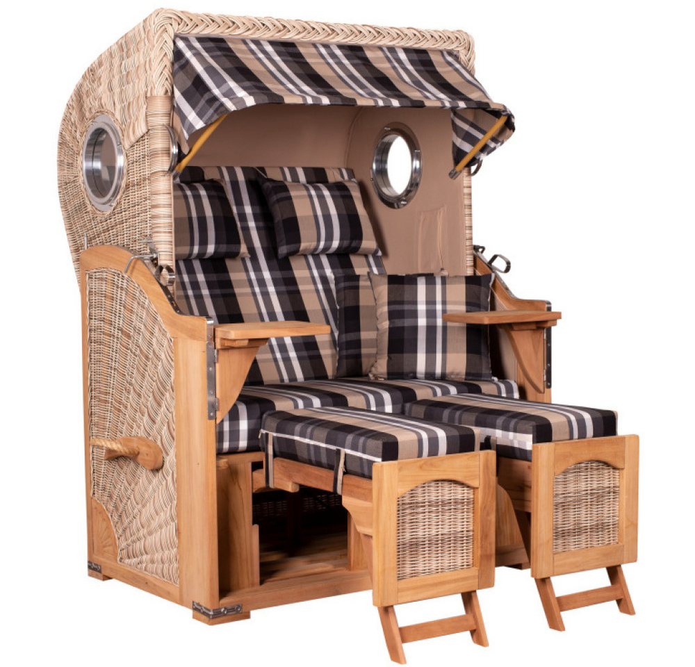 MR.DEKO Strandkorb Düne Bullauge Teak PE Shell Dessin 583, BxTxH: 125x80x170 cm, Ostsee-Strandkorb, Bullaugen, 2-Sitzer, komplett montiert, Volllieger, 2 Schwenktische MR.DEKO Strandkorb Düne Bullauge Teak PE Shell Dessin 583, BxTxH: 125x80x170 cm, Ostsee-Strandkorb, Bullaugen, 2-Sitzer, komplett montiert, Volllieger, 2 Schwenktische von MR.DEKO
