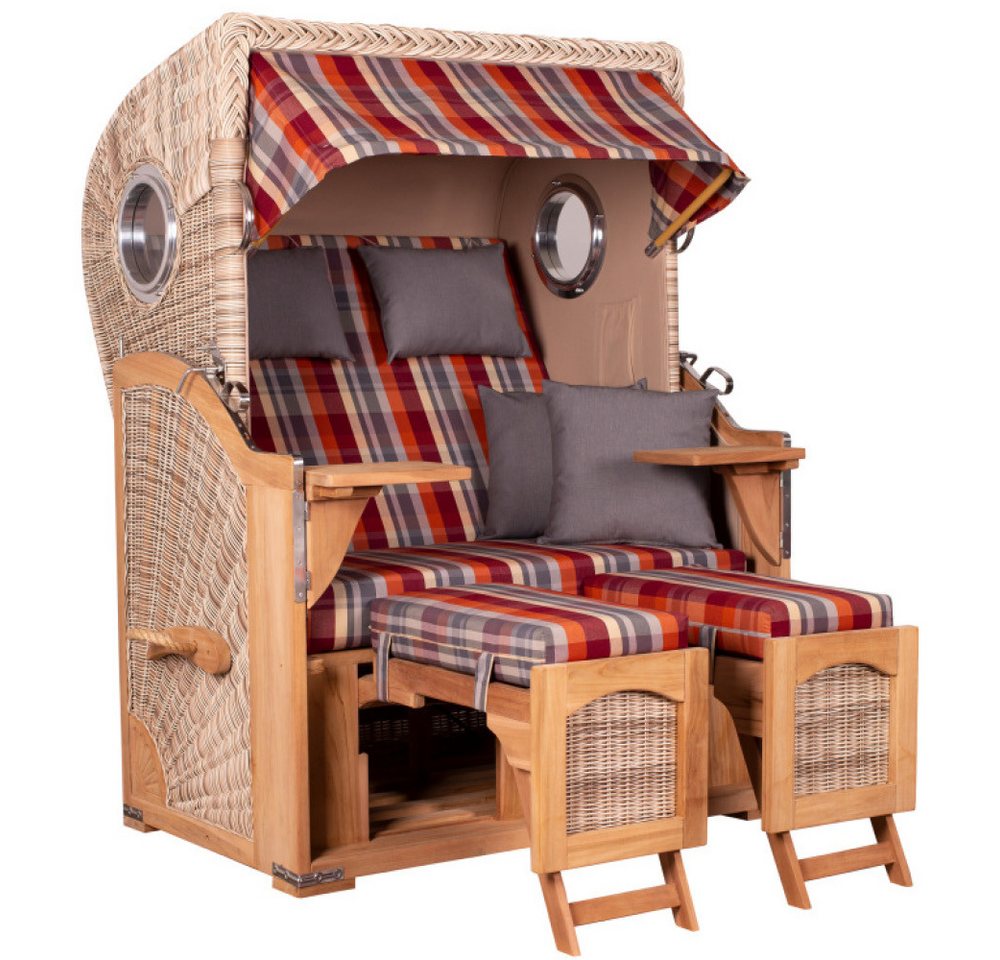 MR.DEKO Strandkorb Düne Bullauge Teak PE Shell Dessin 584, BxTxH: 125x80x170 cm, Ostsee-Strandkorb, Bullaugen, 2-Sitzer, komplett montiert, Volllieger, 2 Schwenktische MR.DEKO Strandkorb Düne Bullauge Teak PE Shell Dessin 584, BxTxH: 125x80x170 cm, Ostsee-Strandkorb, Bullaugen, 2-Sitzer, komplett montiert, Volllieger, 2 Schwenktische von MR.DEKO