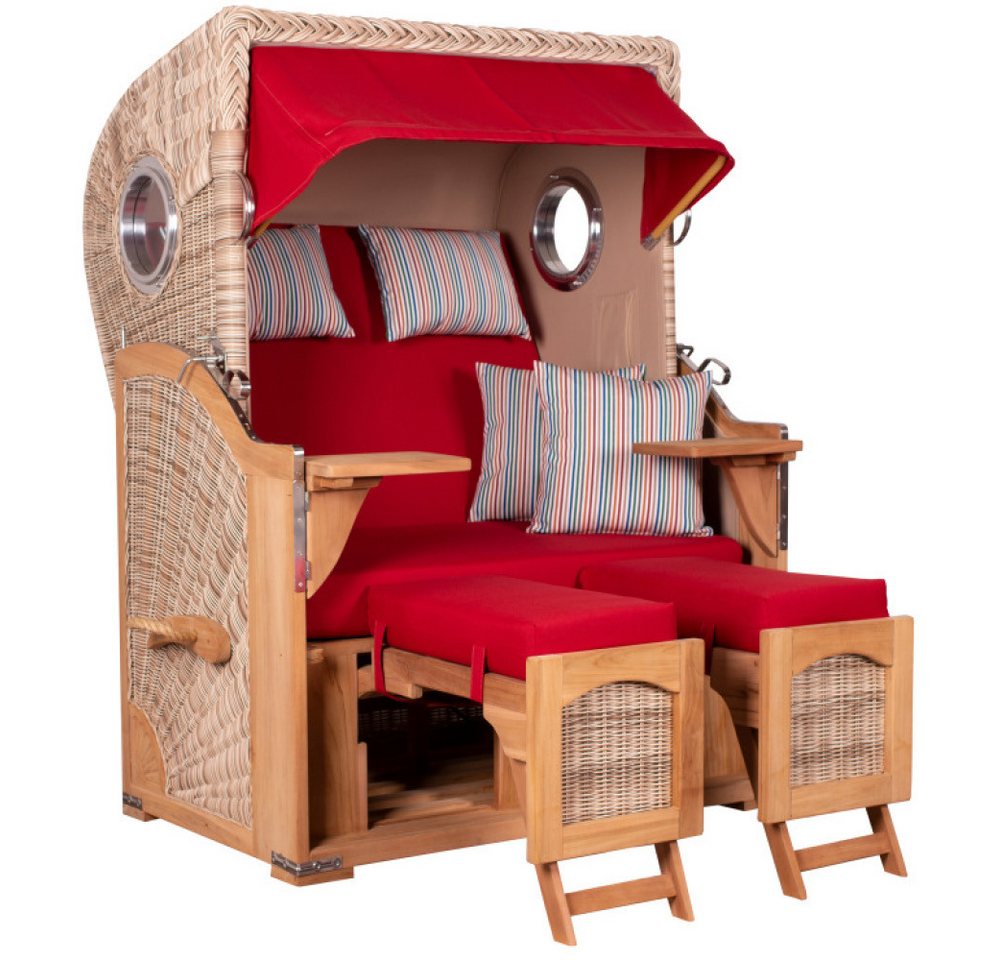 MR.DEKO Strandkorb Düne Bullauge Teak PE Shell Dessin 585, BxTxH: 125x80x170 cm, Ostsee-Strandkorb, Bullaugen, 2-Sitzer, komplett montiert, Volllieger, 2 Schwenktische MR.DEKO Strandkorb Düne Bullauge Teak PE Shell Dessin 585, BxTxH: 125x80x170 cm, Ostsee-Strandkorb, Bullaugen, 2-Sitzer, komplett montiert, Volllieger, 2 Schwenktische von MR.DEKO