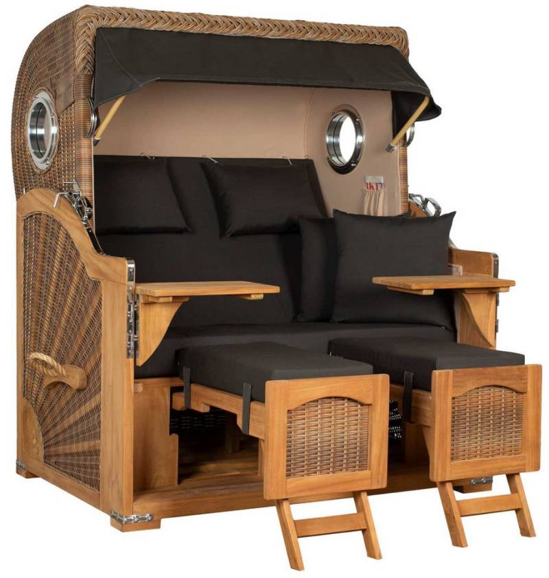 MR.DEKO Strandkorb Düne Grande Bullauge Teak PE Banana Dessin 548, BxTxH: 142x95x170 cm von MR.DEKO