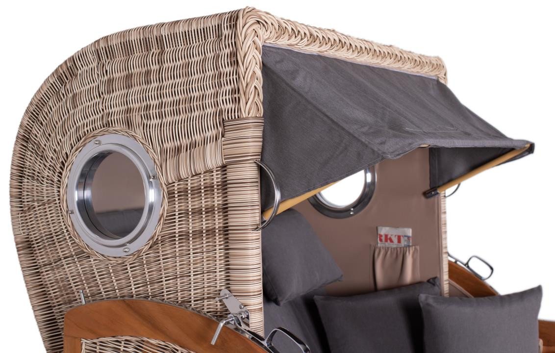 MR.DEKO Strandkorb Düne Grande Teak 2,5-Sitzer mit Bullauge & Volllieger 142x170cm, BxTxH: 142x95x170 cm, 2,5 Sitzer, Düne Grande, (2,5 Sitzer, komplett montiert geliefert), Strandkorb XXL wetterfest, Teakholz, V2A Edelstahl, UV-beständig von MR.DEKO