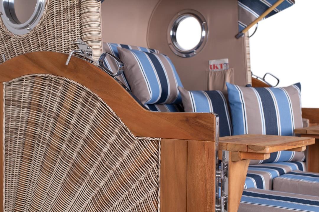 MR.DEKO Strandkorb Düne Grande Teak 2,5-Sitzer mit Bullauge & Volllieger 142x170cm, BxTxH: 142x95x170 cm, 2,5 Sitzer, Düne Grande, (2,5 Sitzer, komplett montiert geliefert), Strandkorb XXL wetterfest, Teakholz, V2A Edelstahl, UV-beständig von MR.DEKO