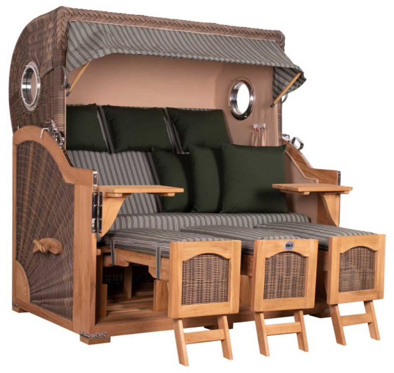 MR.DEKO Strandkorb Düne Grande XXL Bullauge Teak PE grey Dessin 504 von MR.DEKO