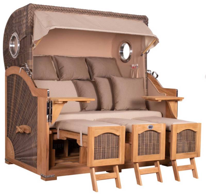 MR.DEKO Strandkorb Düne Grande XXL Bullauge Teak PE grey Dessin 510 von MR.DEKO