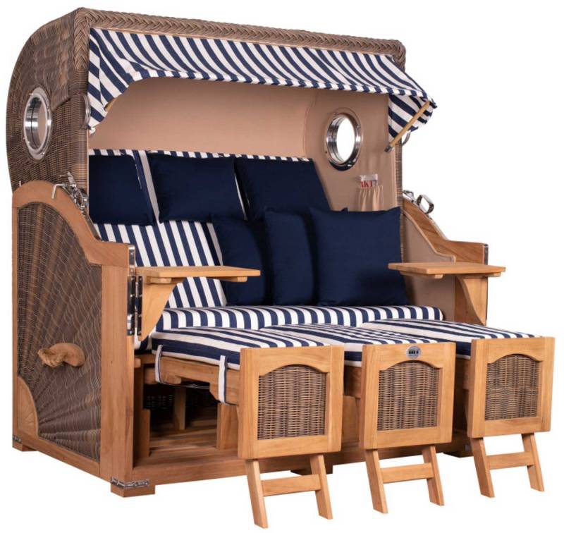 MR.DEKO Strandkorb Düne Grande XXL Bullauge Teak PE grey Dessin 518 von MR.DEKO