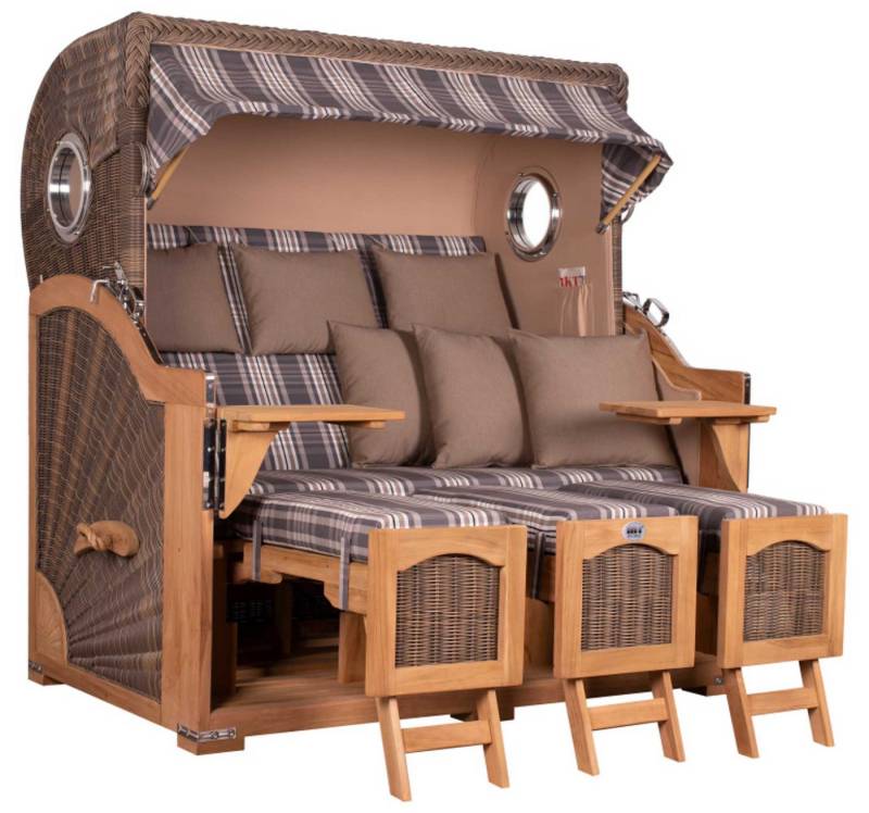 MR.DEKO Strandkorb Düne Grande XXL Bullauge Teak PE grey Dessin 522 von MR.DEKO