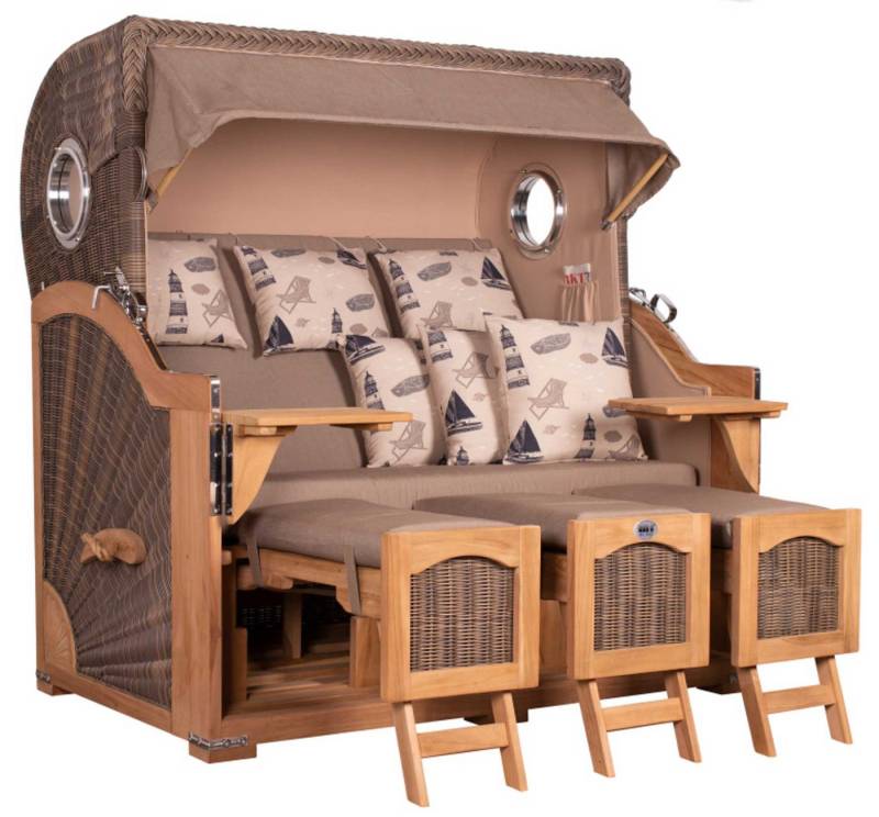 MR.DEKO Strandkorb Düne Grande XXL Bullauge Teak PE grey Dessin 540 von MR.DEKO