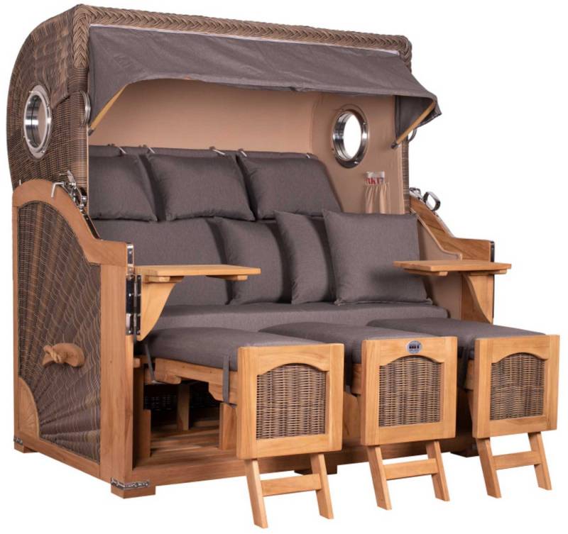 MR.DEKO Strandkorb Düne Grande XXL Bullauge Teak PE grey Dessin 551 von MR.DEKO