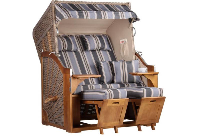 MR.DEKO Strandkorb Komplettset 2-Sitzer Pinie PE-Geflecht 120x160 + Schutzhülle & Rollen, BxTxH: 0x0x0 cm, 2-Sitzer, Schleswig, (Zweisitzer Strandkorb mit Bistrotischen & Fußstützen), Bereits montiert, wetterfest, mit Abdeckhülle & Edelstahl-Beschläge von MR.DEKO