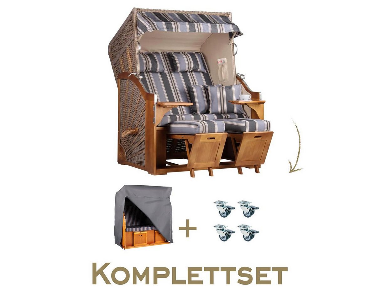 MR.DEKO Strandkorb Komplettset 2-Sitzer Pinie PE-Geflecht 120x160 + Schutzhülle & Rollen, BxTxH: 0x0x0 cm, 2-Sitzer, Schleswig, (Zweisitzer Strandkorb mit Bistrotischen & Fußstützen), Bereits montiert, wetterfest, mit Abdeckhülle & Edelstahl-Beschläge von MR.DEKO