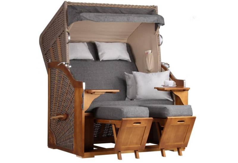 MR.DEKO Strandkorb Komplettset 2-Sitzer Schleswig Pinie 120x160cm + Schutzhülle & Rollen, BxTxH: 0x0x0 cm, 2-Sitzer, Schleswig, (Zweisitzer Strandkorb mit Bistrotischen & Fußstützen), Bereits montiert, UV-beständig, mit Abdeckhülle & Edelstahl-Beschläge von MR.DEKO