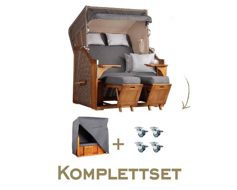 MR.DEKO Strandkorb Komplettset 2-Sitzer Schleswig Pinie 120x160cm + Schutzhülle & Rollen, BxTxH: 0x0x0 cm, 2-Sitzer, Schleswig, (Zweisitzer Strandkorb mit Bistrotischen & Fußstützen), Bereits montiert, UV-beständig, mit Abdeckhülle & Edelstahl-Beschläge von MR.DEKO