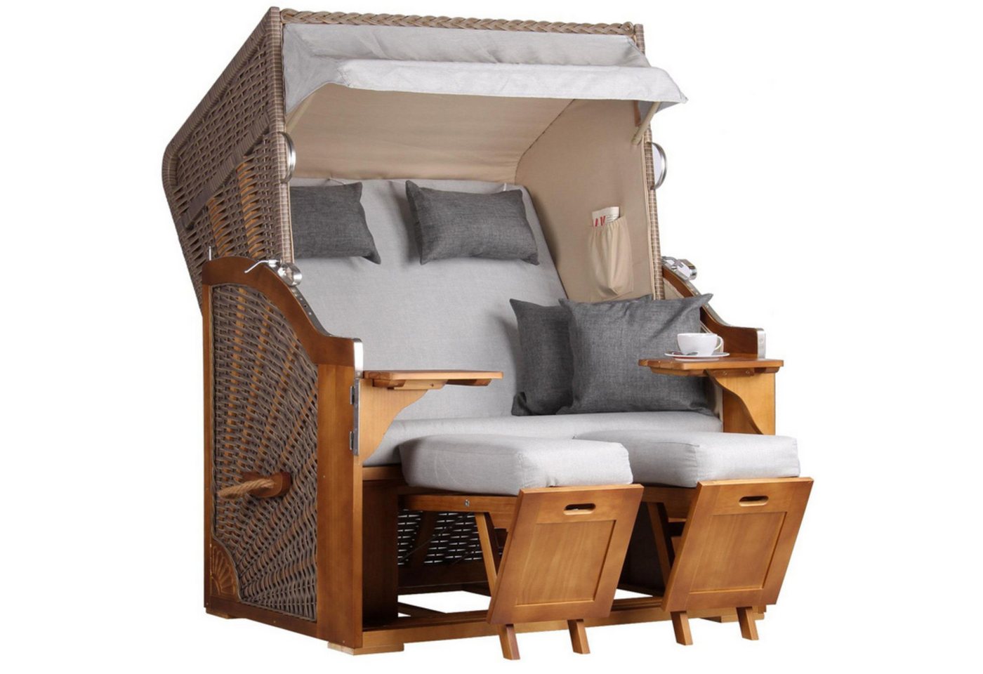 MR.DEKO Strandkorb Komplettset 2-Sitzer Schleswig Pinie PE Mokka + Schutzhülle & Rollen, BxTxH: 0x0x0 cm, 2-Sitzer Komplettset, Schleswig, (Zweisitzer Strandkorb mit Bistrotischen & Fußstützen), Bereits montiert, UV-beständig, mit Abdeckung & Edelstahl-Beschläge von MR.DEKO