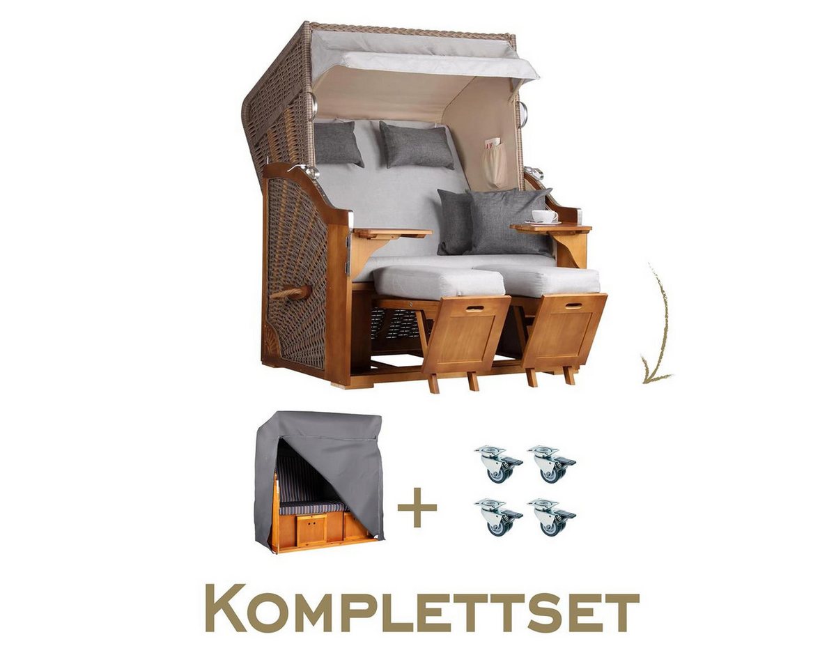 MR.DEKO Strandkorb Komplettset 2-Sitzer Schleswig Pinie PE Mokka + Schutzhülle & Rollen, BxTxH: 0x0x0 cm, 2-Sitzer Komplettset, Schleswig, (Zweisitzer Strandkorb mit Bistrotischen & Fußstützen), Bereits montiert, UV-beständig, mit Abdeckung & Edelstahl-Beschläge von MR.DEKO