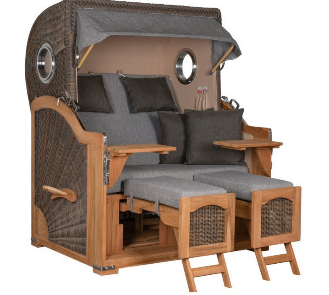 MR.DEKO Strandkorb Strandkorb Düne Bullauge Teak PE Grey Dessin 570, BxTxH: 125x80x170 cm von MR.DEKO