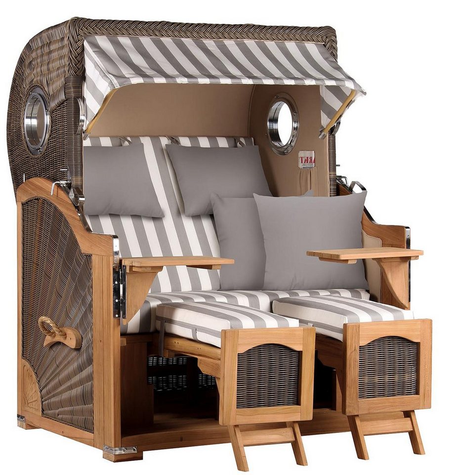 MR.DEKO Strandkorb Strandkorb Düne Grande Bullauge Teak PE Grey Dessin 513, BxTxH: 142x95x170 cm von MR.DEKO