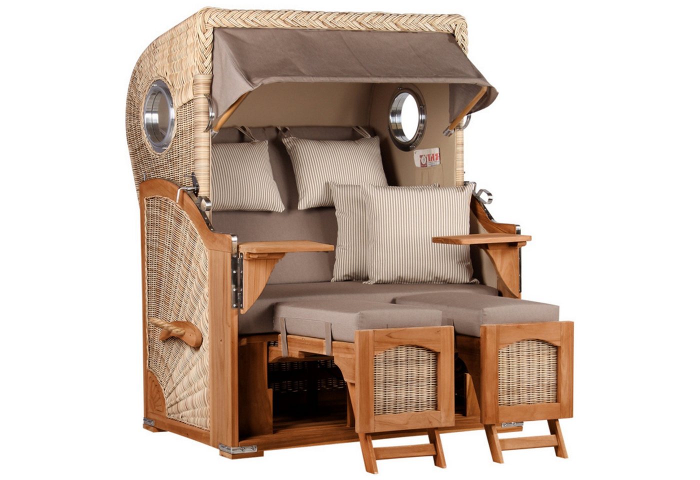 MR.DEKO Strandkorb Zweisitzer Düne Volllieger mit Bullaugen Teak PE Shell 125x170cm, BxTxH: 125x80x170 cm, 2-Sitzer für Garten und Balkon, Ostsee-Strandkorb, komplett montiert, Bullaugen, verstellbarer Volllieger, Tische MR.DEKO Strandkorb Zweisitzer Düne Volllieger mit Bullaugen Teak PE Shell 125x170cm, BxTxH: 125x80x170 cm, 2-Sitzer für Garten und Balkon, Ostsee-Strandkorb, komplett montiert, Bullaugen, verstellbarer Volllieger, Tische von MR.DEKO