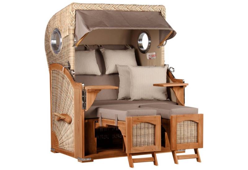 MR.DEKO Strandkorb Zweisitzer Düne Volllieger mit Bullaugen Teak PE Shell 125x170cm, BxTxH: 125x80x170 cm, 2-Sitzer für Garten und Balkon, Ostsee-Strandkorb, komplett montiert, Bullaugen, verstellbarer Volllieger, Tische von MR.DEKO