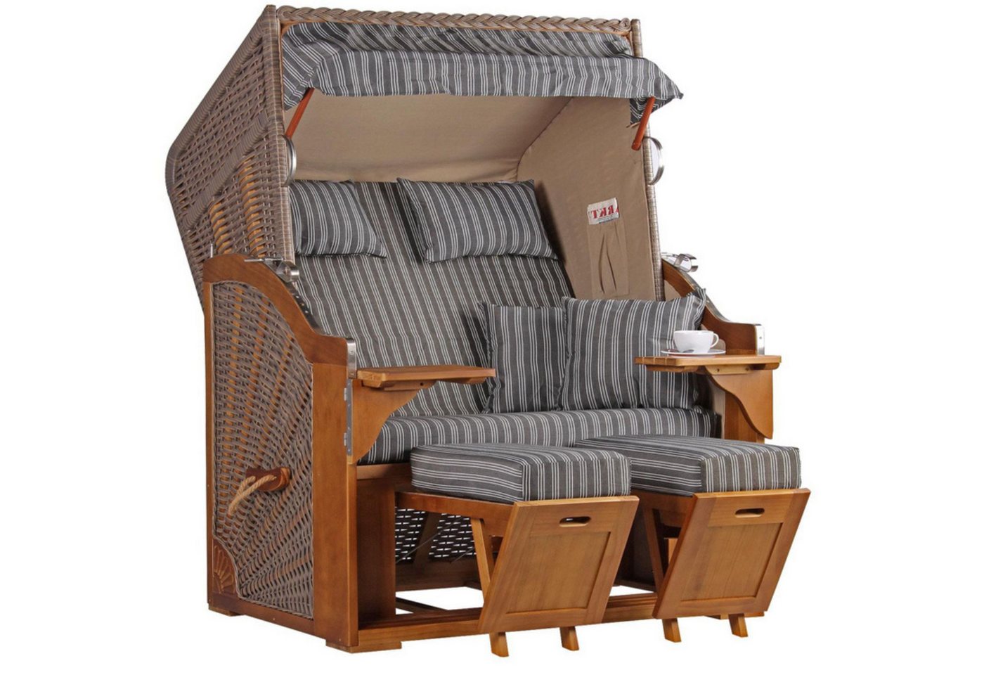 MR.DEKO Strandkorb Zweisitzer Schleswig Vollieger Pinie Braun PE Mokka 120x160cm, BxTxH: 120x80x160 cm, 2-Sitzer, Schleswig, (Zweisitzer Strandkorb mit Bistrotischen & Fußstützen), Bereits montiert, UV-beständig, Volllieger & Edelstahl-Beschläge von MR.DEKO