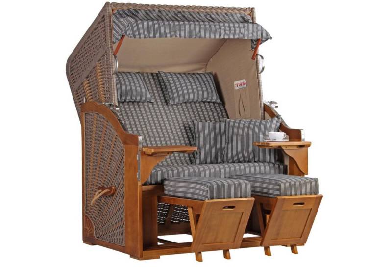 MR.DEKO Strandkorb Zweisitzer Schleswig Vollieger Pinie Braun PE Mokka 120x160cm, BxTxH: 120x80x160 cm, 2-Sitzer, Schleswig, (Zweisitzer Strandkorb mit Bistrotischen & Fußstützen), Bereits montiert, UV-beständig, Volllieger & Edelstahl-Beschläge von MR.DEKO