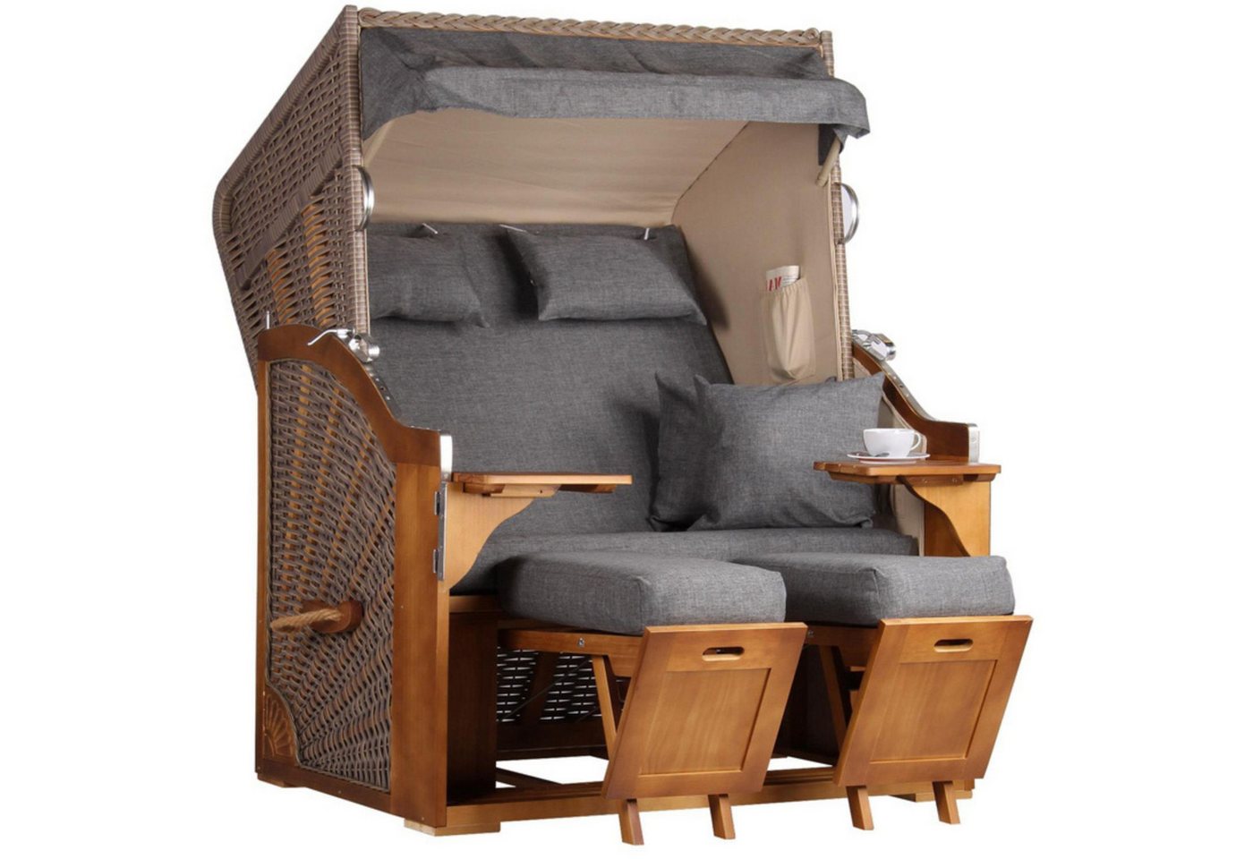 MR.DEKO Strandkorb Zweisitzer Schleswig Vollieger Pinie Braun PE Mokka 120x160cm, BxTxH: 120x80x160 cm, 2-Sitzer, Schleswig, (Zweisitzer Strandkorb mit Bistrotischen & Fußstützen), Bereits montiert, UV-beständig, Volllieger & Edelstahl-Beschläge von MR.DEKO