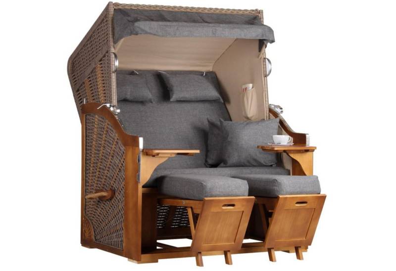 MR.DEKO Strandkorb Zweisitzer Schleswig Vollieger Pinie Braun PE Mokka 120x160cm, BxTxH: 120x80x160 cm, 2-Sitzer, Schleswig, (Zweisitzer Strandkorb mit Bistrotischen & Fußstützen), Bereits montiert, UV-beständig, Volllieger & Edelstahl-Beschläge von MR.DEKO