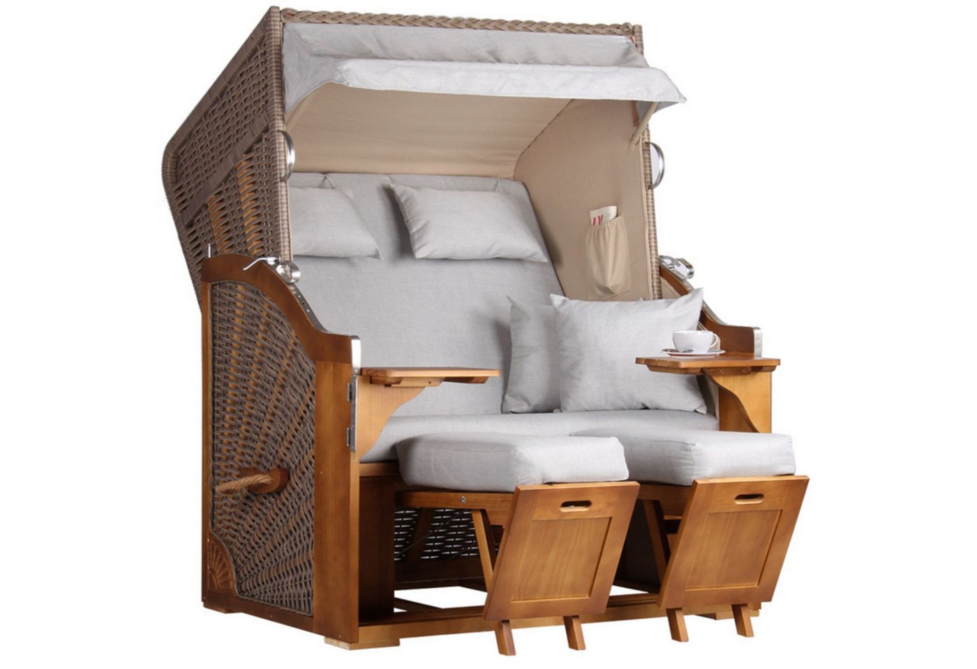 MR.DEKO Strandkorb Zweisitzer Schleswig Vollieger Pinie Braun PE Mokka 120x160cm, BxTxH: 120x80x160 cm, 2-Sitzer, Schleswig, (Zweisitzer Strandkorb mit Bistrotischen & Fußstützen), Bereits montiert, UV-beständig, Volllieger & Edelstahl-Beschläge von MR.DEKO