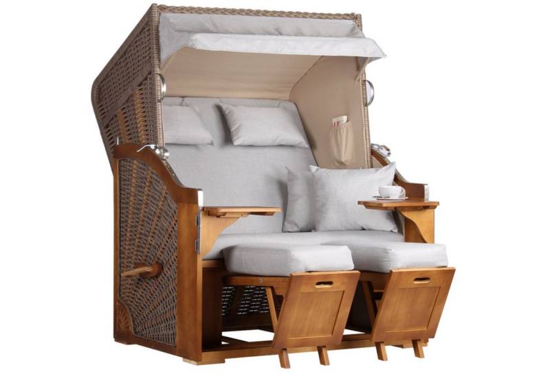 MR.DEKO Strandkorb Zweisitzer Schleswig Vollieger Pinie Braun PE Mokka 120x160cm, BxTxH: 120x80x160 cm, 2-Sitzer, Schleswig, (Zweisitzer Strandkorb mit Bistrotischen & Fußstützen), Bereits montiert, UV-beständig, Volllieger & Edelstahl-Beschläge von MR.DEKO