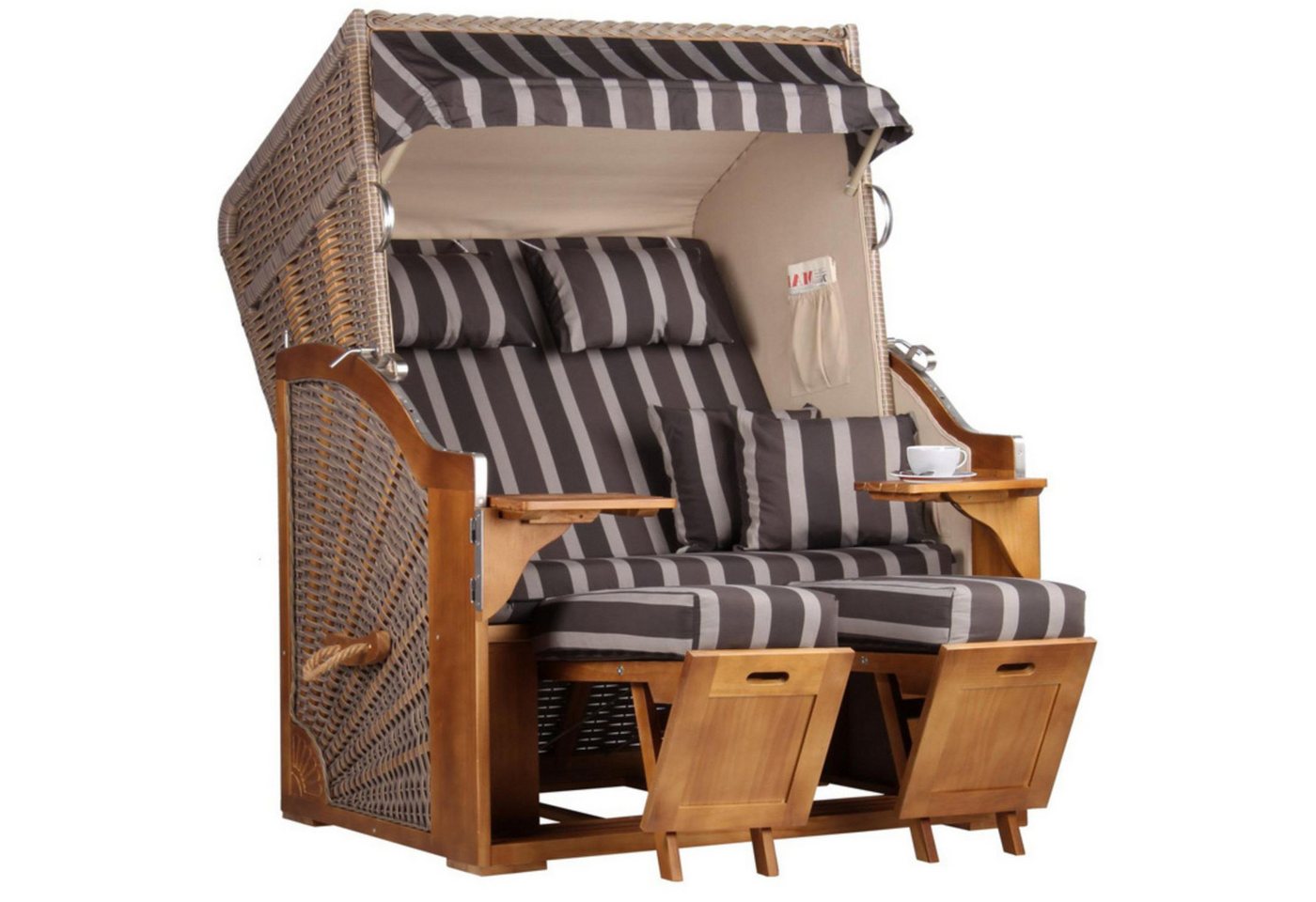 MR.DEKO Strandkorb Zweisitzer Schleswig Vollieger Pinie Braun PE Mokka 120x160cm, BxTxH: 120x80x160 cm, 2-Sitzer, Schleswig, (Zweisitzer Strandkorb mit Bistrotischen & Fußstützen), Bereits montiert, UV-beständig, Volllieger & Edelstahl-Beschläge von MR.DEKO