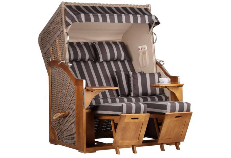 MR.DEKO Strandkorb Zweisitzer Schleswig Vollieger Pinie Braun PE Mokka 120x160cm, BxTxH: 120x80x160 cm, 2-Sitzer, Schleswig, (Zweisitzer Strandkorb mit Bistrotischen & Fußstützen), Bereits montiert, UV-beständig, Volllieger & Edelstahl-Beschläge von MR.DEKO
