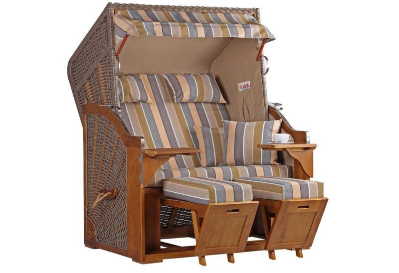 MR.DEKO Strandkorb Zweisitzer Schleswig Vollieger Pinie Braun PE Mokka 120x160cm, BxTxH: 120x80x160 cm, 2-Sitzer, Schleswig, (Zweisitzer Strandkorb mit Bistrotischen & Fußstützen), Bereits montiert, UV-beständig, Volllieger & Edelstahl-Beschläge von MR.DEKO