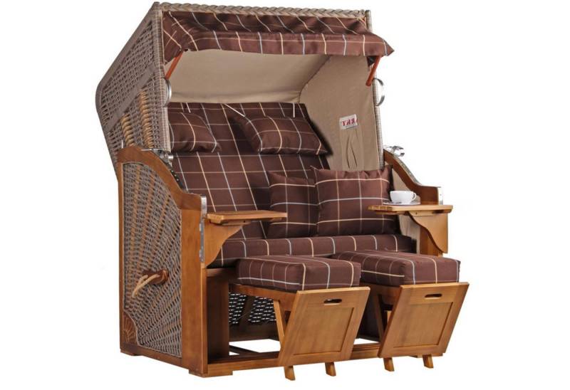 MR.DEKO Strandkorb Zweisitzer Schleswig Vollieger Pinie Braun PE Mokka 120x160cm, BxTxH: 120x80x160 cm, 2-Sitzer, Schleswig, (Zweisitzer Strandkorb mit Bistrotischen & Fußstützen), Bereits montiert, UV-beständig, Volllieger & Edelstahl-Beschläge von MR.DEKO
