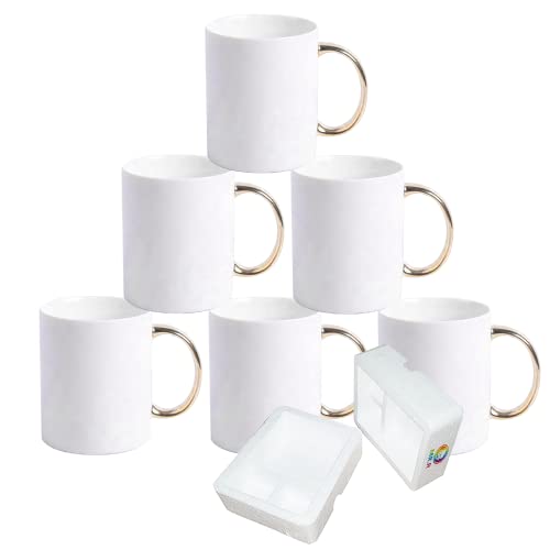 MR.R 11 Ounce Set mit 6 AAA-Sublimationsrohlingen, spülmaschinenfest, weiße Keramik-Kaffeetassen mit goldenem Griff für Milch, Tee, Cola, Wasser von MR.R
