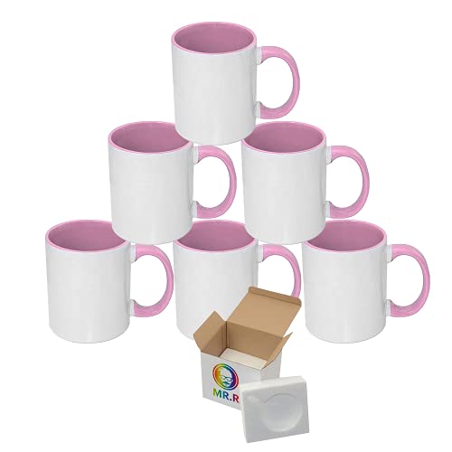MR.R 11 Unzen Sublimation blanko Kaffeetassen, Tasse blanko weiße Tasse Tasse mit rosa Farbe Becherinnenseite und Griff, 6er-Set von MR.R