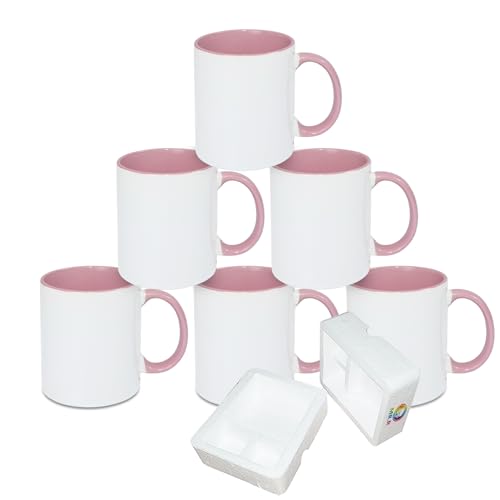 MR.R 11 Unzen Sublimation blanko Kaffeetassen, Tasse blanko weiße Tasse Tasse mit rosa Farbe Becherinnenseite und Griff, 6er-Set von MR.R