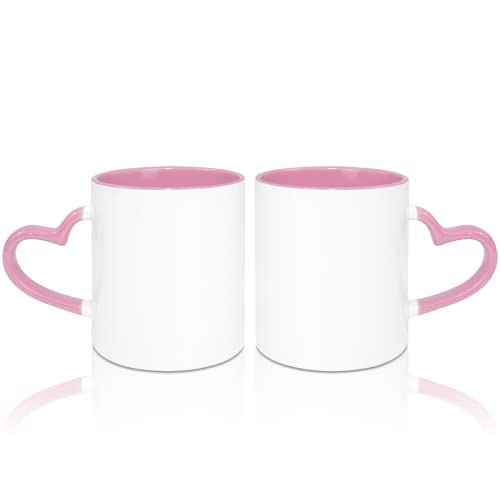 MR.R 11 Unzen Sublimation blanko Kaffeetassen, Tasse blanko weiße Tasse Tasse mit rosafarbener Becherinnenseite und Herzgriff, 2er-Set von MR.R