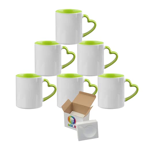 MR.R Set mit 6 Sublimations-Kaffeetassen, blanko, 333 ml, Tasse, blanko, weiße Tasse mit grüner Innenfarbe, Tasse und Herzgriff von MR.R