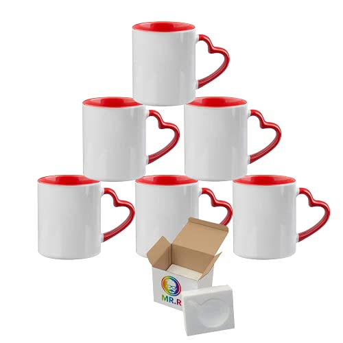 MR.R Set mit 6 Sublimationsbechern, blanko, 333 ml, spülmaschinengeeignet, Keramikbecher, Sublimationsbecher, blanko, klassische Tasse mit rotem Innenbecher und Herzgriff von MR.R