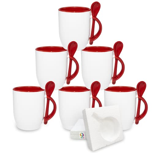 MR.R Set mit 6 Sublimationsrohlingen, Spülmaschinen-Keramik-Kaffeetassen, 11 Unzen, rote Farbe, Innenbecher mit Löffel und Griff, Trinkbecher, Becher für Milch, Tee, Cola, Wasser von MR.R