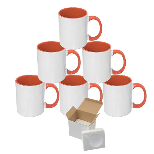 MR.R Set mit 6 Sublimationsrohlingen, spülmaschinengeeignet, weiße Keramiktasse, Porzellan, Kaffeetasse mit innerem Griff, Farbe Orange, runder Griff, 11 Unzen, für Wärmeübertragungsdruck von MR.R