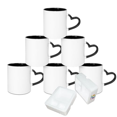 MR.R Sublimationsbecher aus Keramik für Spülmaschinen, klassischer Becher mit schwarzem Innenbecher und Herzgriff, 11 Unzen, Set mit 6 Stück pro Karton von MR.R