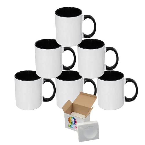 MR.R Sublimationsrohlinge, Spülmaschinen-Keramik-Kaffeetassen mit schwarzer Farbe, Becherinnenseite und Griff, Trinkbecher, Becher für Milch, Tee, Cola, Wasser, 11 Unzen, 6er-Set von MR.R